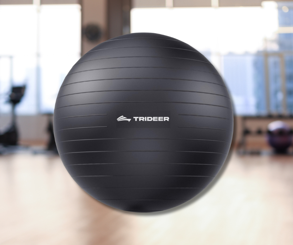 Trideer Extra Thick Exercise Ball in a gym setting, designed to support balance, flexibility, posture, and core strength for anyone focused on healthy, low-impact movement.