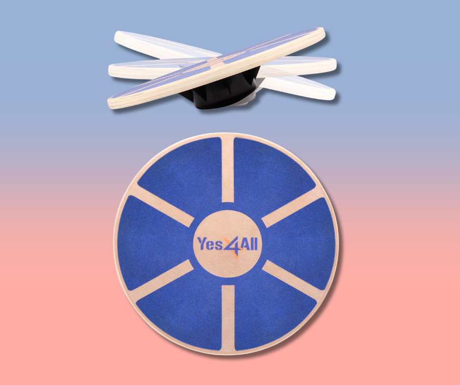 Yes4All wooden balance board shown on a gradient background, designed to support balance, coordination, and lower body strength for fitness, rehabilitation, and overall mobility.